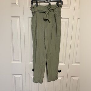 Zara Pants Paper Bag Waist Straight Leg Tie Sz S Green‎